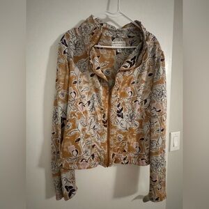Anthropologie Tan and Cream Floral Bomber Jacket